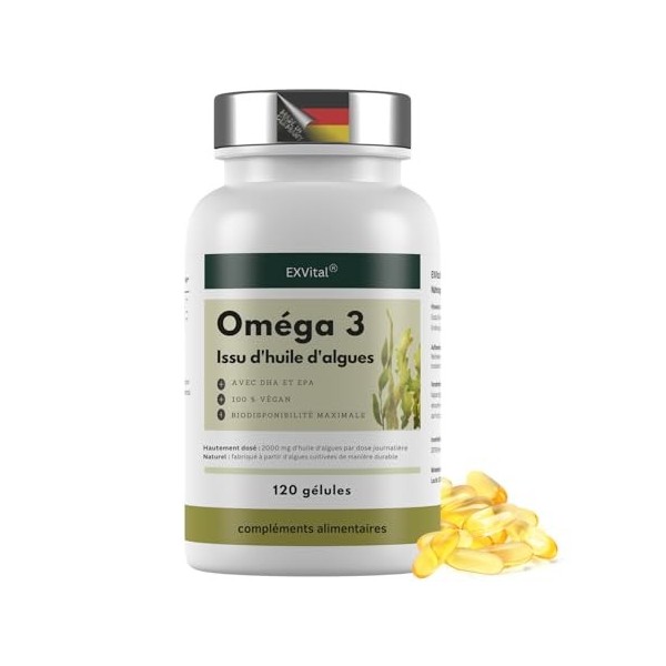EXVital® Oméga 3 à base dhuile dalgues, végétalien, 120 gélules, 2000 mg, 600 mg de DHA et 300 mg dEPA par jour, issu dal