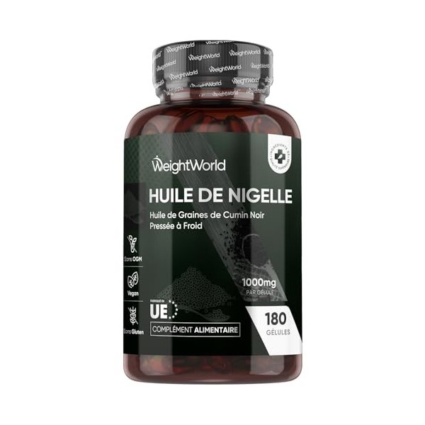 Huile de Nigelle Cumin Noir 1000mg - 180 Gélules Vegan pour 6 Mois, Huile de Graines de Cumin Noir Pressé à Froid, Poudre de 