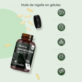 Huile de Nigelle Cumin Noir 1000mg - 180 Gélules Vegan pour 6 Mois, Huile de Graines de Cumin Noir Pressé à Froid, Poudre de 