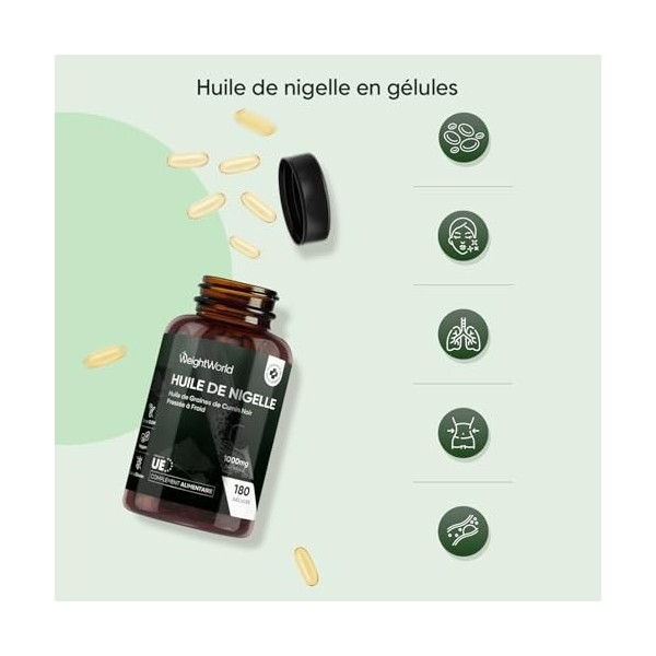 Huile de Nigelle Cumin Noir 1000mg - 180 Gélules Vegan pour 6 Mois, Huile de Graines de Cumin Noir Pressé à Froid, Poudre de 