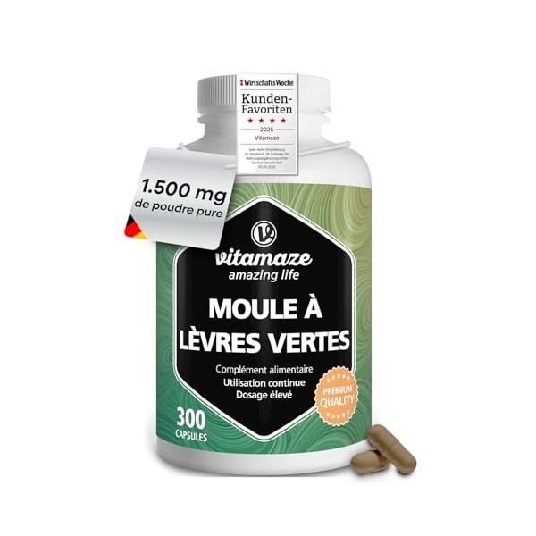 Moule Verte de Nouvelle Zélande 1500 mg - Omega 3 et Glycosaminoglycanes - 300 Gélules Poudre de Moules à Lèvres Vertes - Com