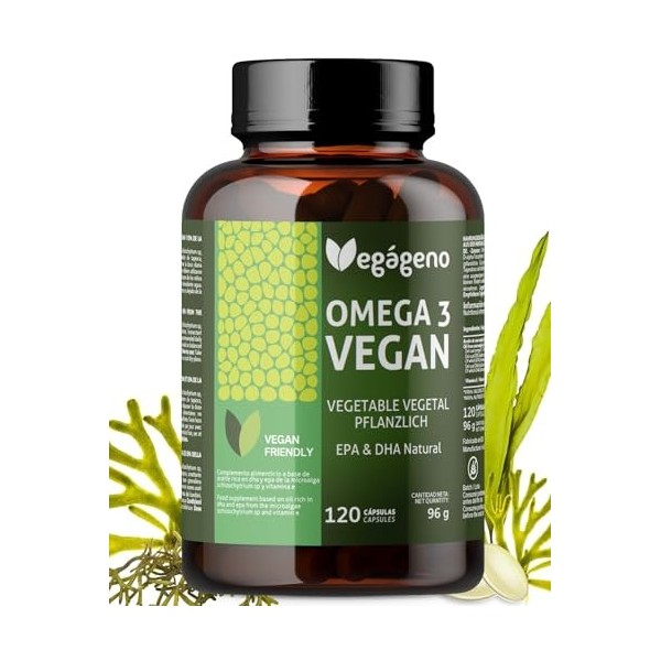 OMEGA 3 VEGAN - Huile dalgues 2000MG dorigine végétale. Haute concentration de 600 mg de DHA et 300 mg dEPA par dose quoti