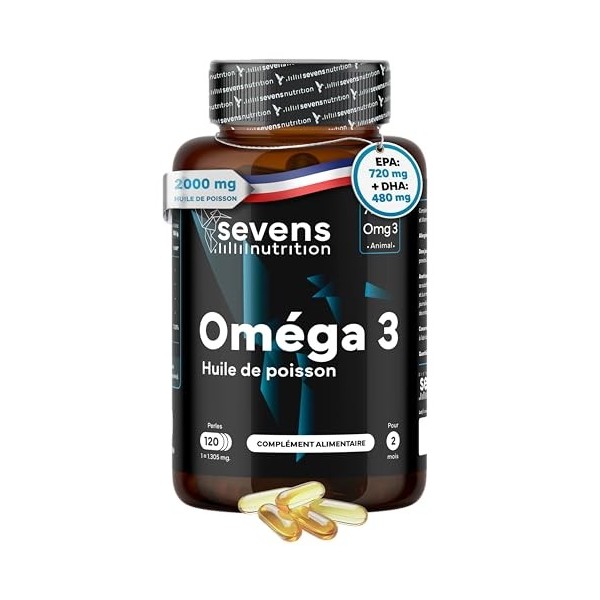 Omega 3 Huile de Poissons Sauvages 2000 mg Premium - Omegatex® - Haute concentration en EPA 720 mg & DHA 480 mg - Fonctio