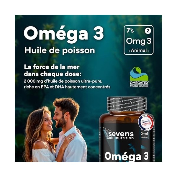 Omega 3 Huile de Poissons Sauvages 2000 mg Premium - Omegatex® - Haute concentration en EPA 720 mg & DHA 480 mg - Fonctio