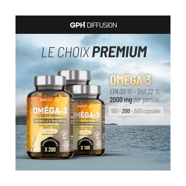 Oméga 3 - Huile de Poissons Sauvages - Cerveau - Vision - Coeur - EPA 660mg / DHA 440mg - 200 capsules - GPH Diffusion Oméga-3