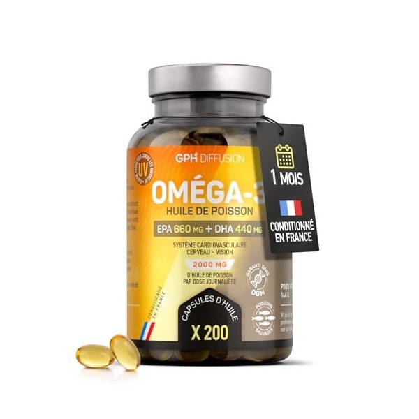 Oméga 3 - Huile de Poissons Sauvages - Cerveau - Vision - Coeur - EPA 660mg / DHA 440mg - 200 capsules - GPH Diffusion Oméga-3