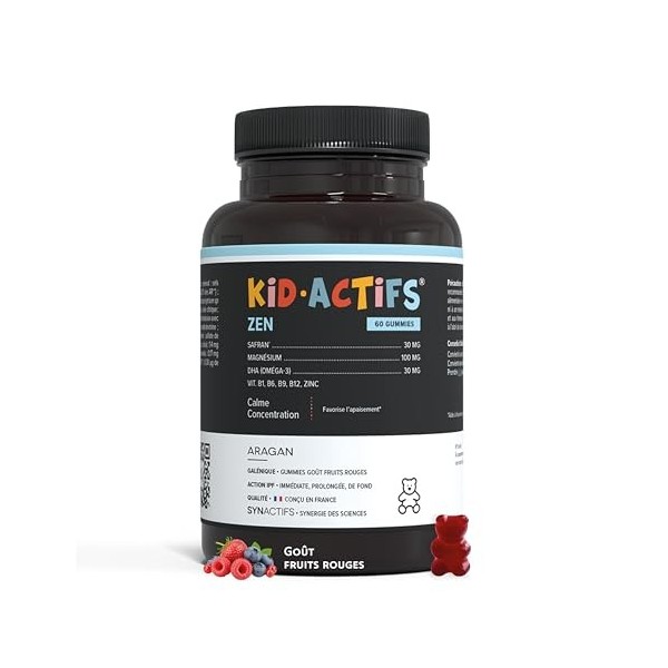 Kidactifs Zen Gummies Anti Stress Enfant Goût Fruits Rouges - Omega 3, Magnesium, Safran, Vitamines, Zinc - +3 Ans - Aragan -
