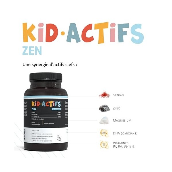 Kidactifs Zen Gummies Anti Stress Enfant Goût Fruits Rouges - Omega 3, Magnesium, Safran, Vitamines, Zinc - +3 Ans - Aragan -