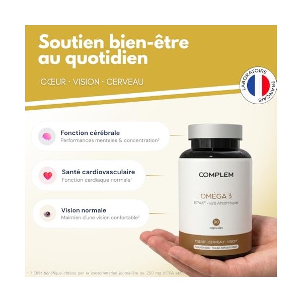 COMPLEM Oméga 3 – Huile de Poisson EPAX® & Krill Antarctique – 840 mg Oméga-3/jour EPA 427 mg & DHA 279 mg – Cœur, Cerveau