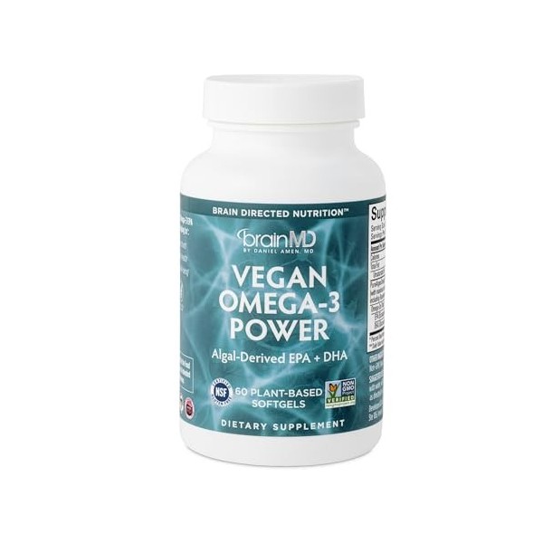 BRAINMD Dr. Amen Vegan Omega-3 Power - 60 gélules dorigine végétale - 1100 mg dEPA et DHA - Favorise la concentration, la m