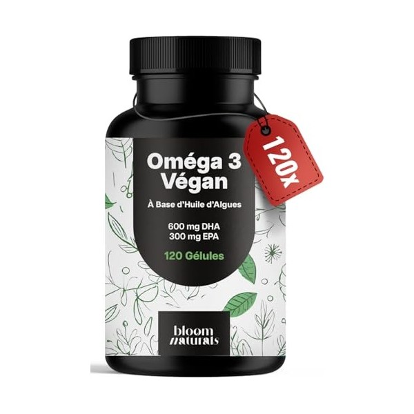 Omega 3 Vegan Huile d’Algues - 90 Gélules - Omega 3 Algues avec 600 mg DHA & 300 mg EPA par dose journalière - Vegan - Produi...