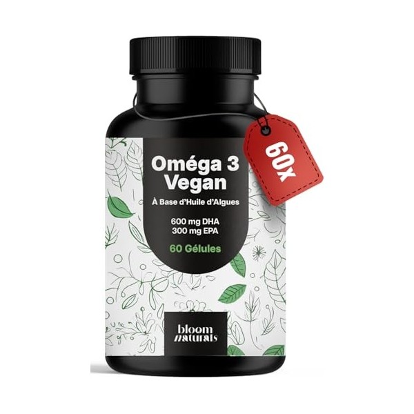Omega 3 Vegan Huile d’Algues - 90 Gélules - Omega 3 Algues avec 600 mg DHA & 300 mg EPA par dose journalière - Vegan - Produi...