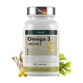Oméga 3 végétalien + D3 & K2, 120 gélules, 1100 mg dhuile dalgues avec 600 mg de DHA et 300 mg dEPA + 1000 UI de vitamine 