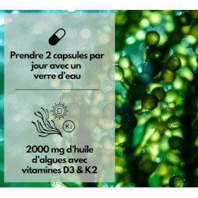 Oméga 3 végétalien + D3 & K2, 120 gélules, 1100 mg dhuile dalgues avec 600 mg de DHA et 300 mg dEPA + 1000 UI de vitamine 