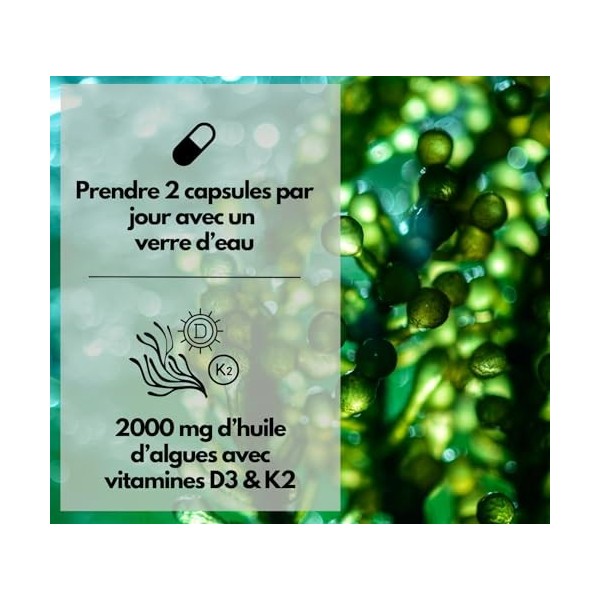 Oméga 3 végétalien + D3 & K2, 120 gélules, 1100 mg dhuile dalgues avec 600 mg de DHA et 300 mg dEPA + 1000 UI de vitamine 