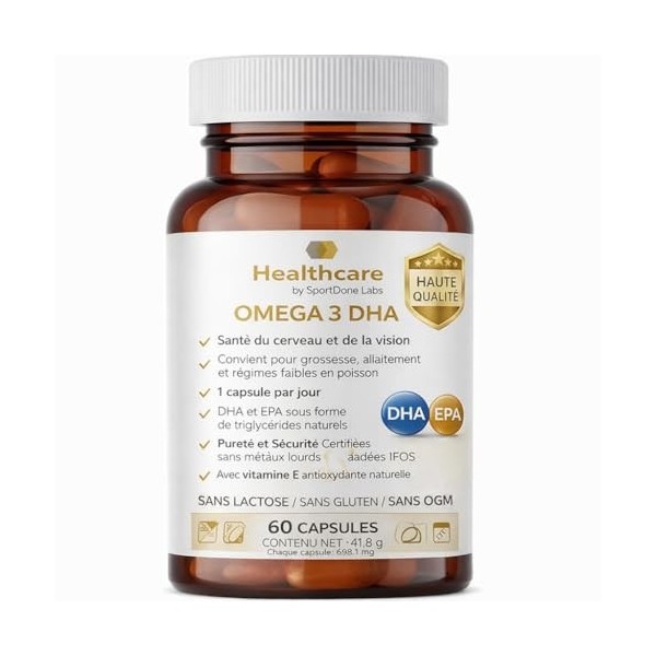 Oméga 3 DHA 250 mg + 50 mg EPA | 60 Gélules TG Haute Absorption | Soutien Cerveau Vision Cœur | Certifié IFOS 5 Étoiles | Vit