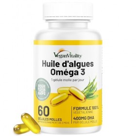 Oméga 3 Huile d’Algues x2 Pack Haut Dosage – 400 mg de DHA par dose, 120 Capsules Molles 4 Mois , DHA Végétal à base d’Algue ...