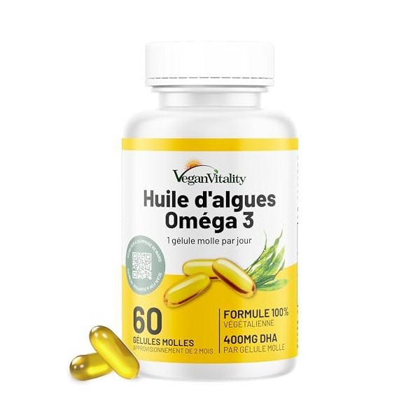 Oméga 3 Huile d’Algues x2 Pack Haut Dosage – 400 mg de DHA par dose, 120 Capsules Molles 4 Mois , DHA Végétal à base d’Algue ...