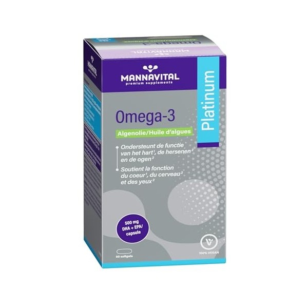 Mannavital Omega-3 Platinum Vegan, Huile dAlgues, 60 Gélules, DHA et EPA 500mg, Complément Alimentaire pour Cœur et Cerveau