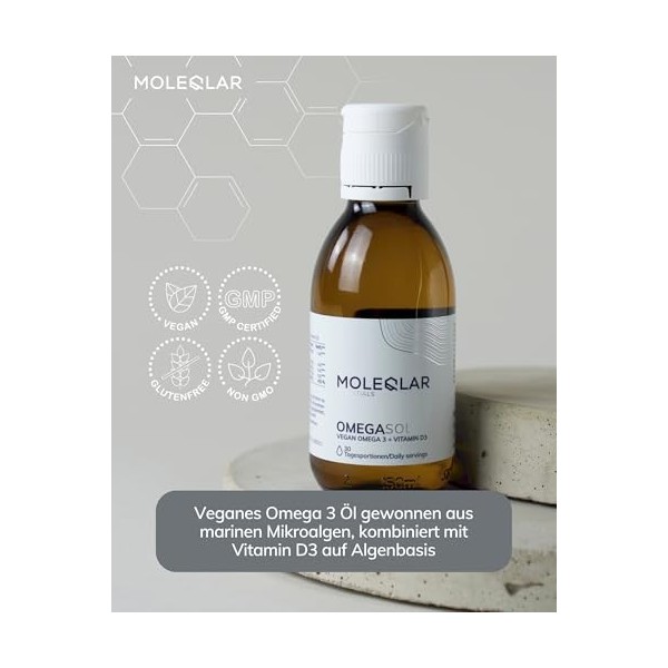 MoleQlar Oméga-3 huile d’algues – Végan, 2100 mg oméga-3 + 800 UI vitamine D/portion, pureté certifiée