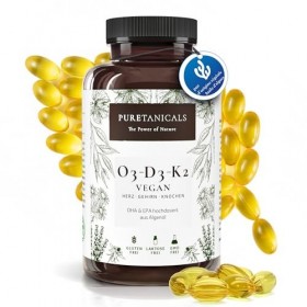PURETANICALS Oméga 3 VÉGAN + Vitamine D3 + K2 MK7 All-Trans | 180 Gélules Fortement Dosées Premium Essentials O3-D3-K2 - Huil
