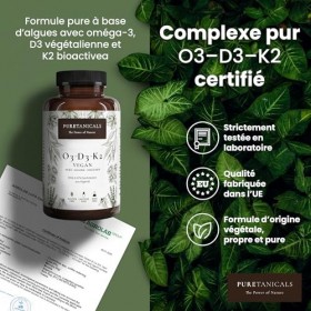 PURETANICALS Oméga 3 VÉGAN + Vitamine D3 + K2 MK7 All-Trans | 180 Gélules Fortement Dosées Premium Essentials O3-D3-K2 - Huil