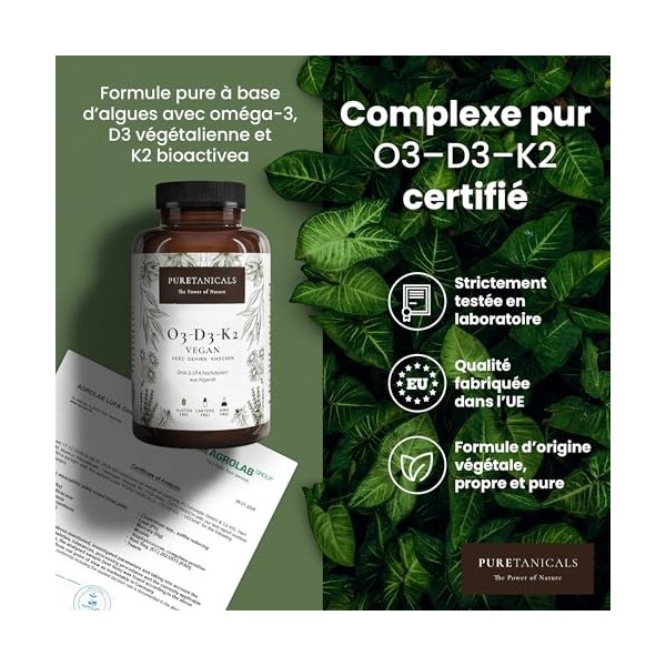 PURETANICALS Oméga 3 VÉGAN + Vitamine D3 + K2 MK7 All-Trans | 180 Gélules Fortement Dosées Premium Essentials O3-D3-K2 - Huil