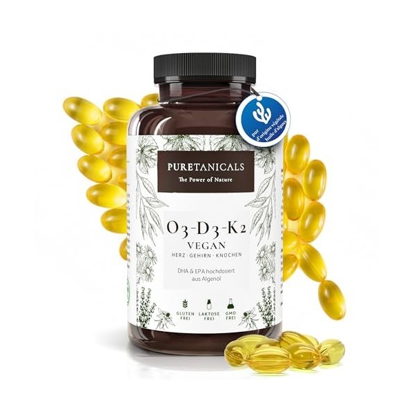 PURETANICALS Oméga 3 VÉGAN + Vitamine D3 + K2 MK7 All-Trans | 180 Gélules Fortement Dosées Premium Essentials O3-D3-K2 - Huil