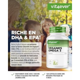 Omega 3 Vegan - 120 capsules softgel - 1500 mg d’huile d’algues par dose journalière - ingrédient de marque lifes® OMEGA - 4 ...
