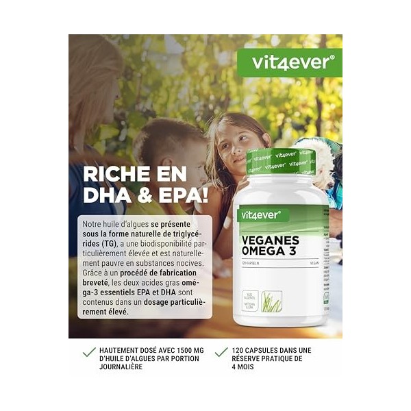 Omega 3 Vegan - 120 capsules softgel - 1500 mg d’huile d’algues par dose journalière - ingrédient de marque lifes® OMEGA - 4 ...