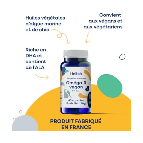 Oméga-3 vegan DHA et ALA 60 capsules cure de 2 mois HEILSA