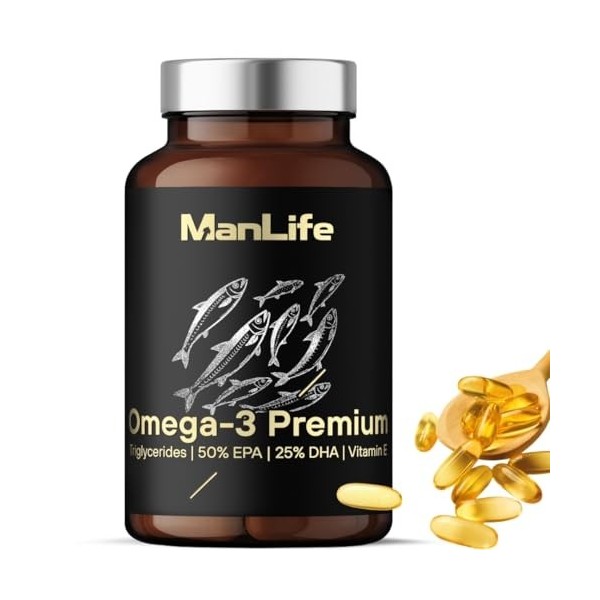 Omega 3 Premium Avec Vitamine E Naturelle – Huile De Poisson 2000mg – 1000 Mg EPA, 500 Mg DHA - Contribue Au Fonctionnement N