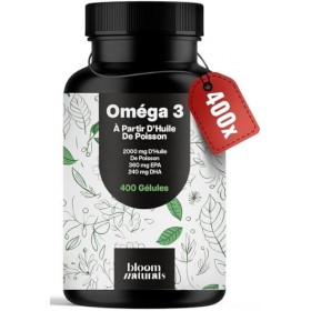 Omega 3 DHA EPA – 400 Gélules – 2000 mg d’Huile de Poisson par Portion – 360 mg EPA & 240 mg DHA – Sans Arrière-Goût de Poiss