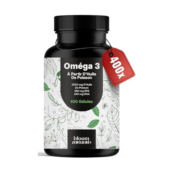 Omega 3 DHA EPA – 400 Gélules – 2000 mg d’Huile de Poisson par Portion – 360 mg EPA & 240 mg DHA – Sans Arrière-Goût de Poiss