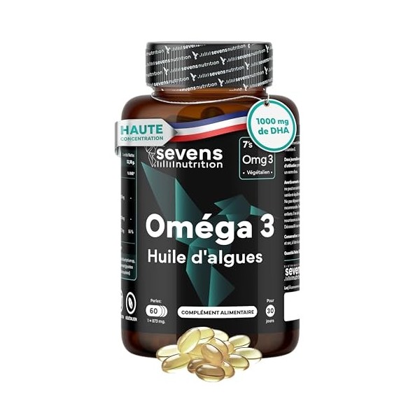 Omega 3 Vegan Huile dAlgue Omegatex® - 1000 mg DHA + Vitamine E - Haute Concentration - Omega-3 pour cerveau, vision et cœur