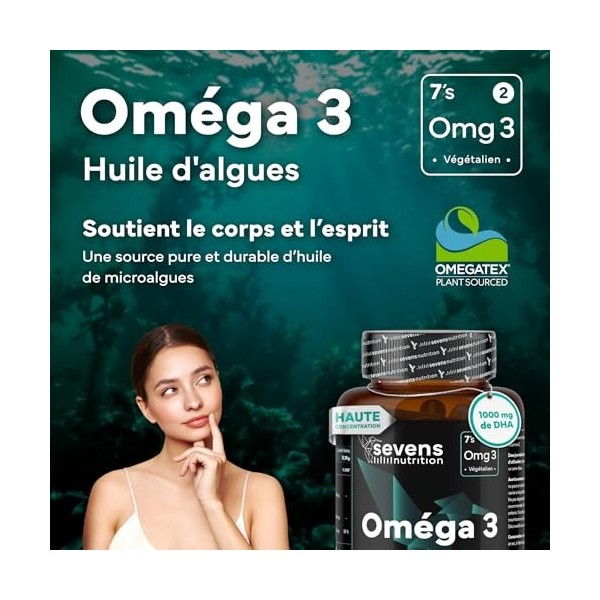 Omega 3 Vegan Huile dAlgue Omegatex® - 1000 mg DHA + Vitamine E - Haute Concentration - Omega-3 pour cerveau, vision et cœur