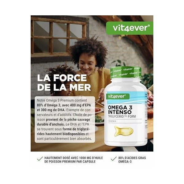 Oméga 3 Premium – 120 gélules avec 80% d’oméga-3 – sous forme triglycéride – soigneusement purifié et issu d’une pêche durabl