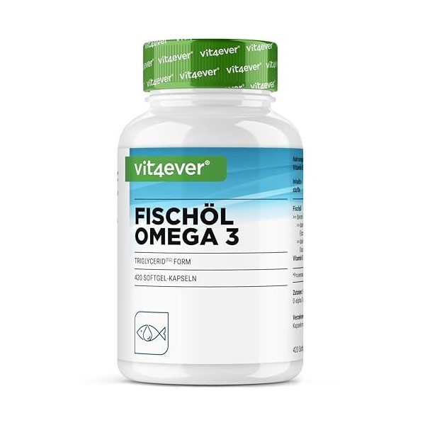vit4ever Oméga 3 hautement dosées - 420 gélules avec 4000 mg d’huile de poisson par portion quotidienne avec EPA & DHA sous f