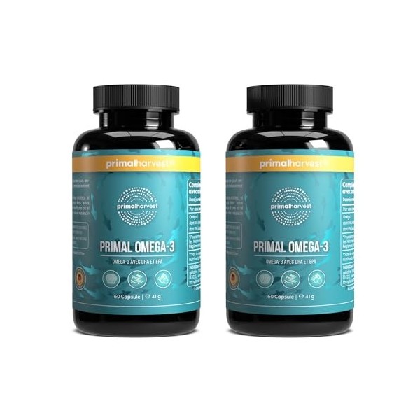 Primal Harvest Omega 3s - Supplément dhuile de poisson avec acides gras EPA et DHA ainsi que vitamine E, pour hommes et femm
