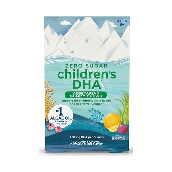 Gélifiés végétaliens DHA pour enfants, zéro sucre, oméga-3 à partir dhuile dalgues, citron fruit de la passion, 30 bonbons
