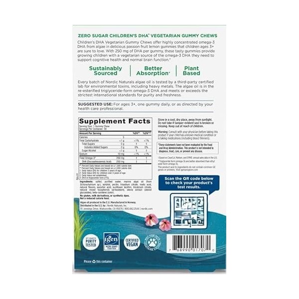 Gélifiés végétaliens DHA pour enfants, zéro sucre, oméga-3 à partir dhuile dalgues, citron fruit de la passion, 30 bonbons