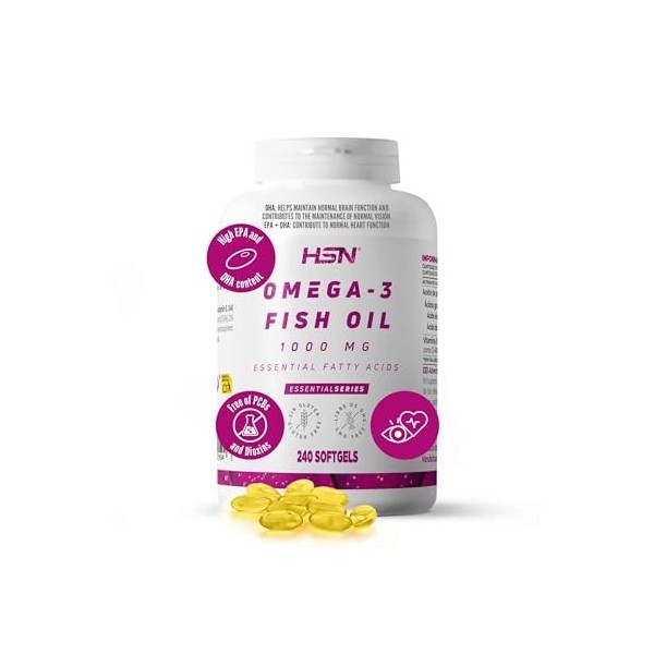 HSN Oméga 3 3000mg Huile de Poisson 540mg EPA 360mg DHA par Dose Quotidienne | 240 Capsules | Avec Vitamine E | Sans Contamin