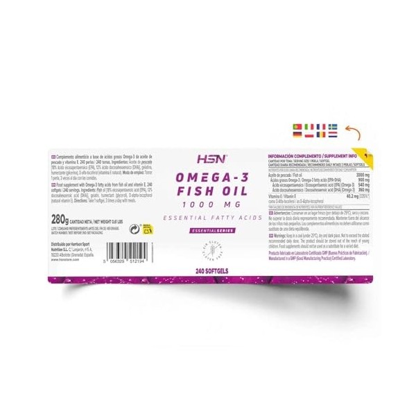 HSN Oméga 3 3000mg Huile de Poisson 540mg EPA 360mg DHA par Dose Quotidienne | 240 Capsules | Avec Vitamine E | Sans Contamin