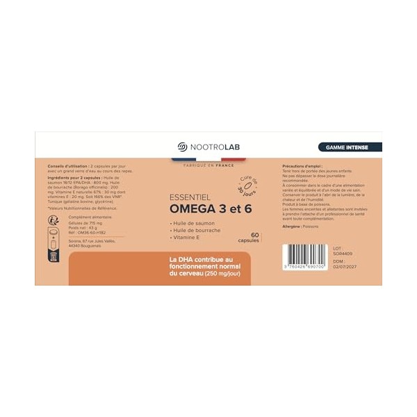 Oméga 3 & 6 – Santé du Cœur, du Cerveau & de la Peau – Acides Gras Essentiels – 60 Capsules – Nootrolab