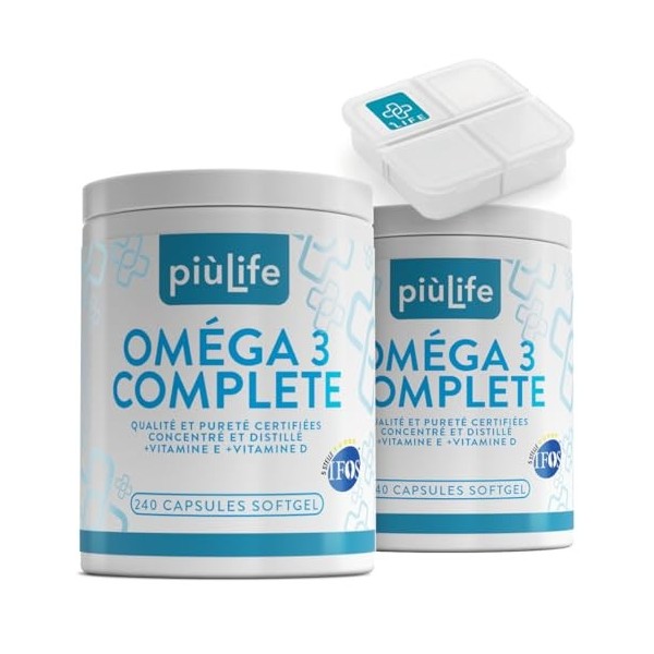 Omega 3 IFOS 5 étoiles Certifié Avec Vitamine D3 2000 UI Et E PiùLife, 480 Softgels, Huile De Poisson Omega 3 DHA EPA 2000 mg...