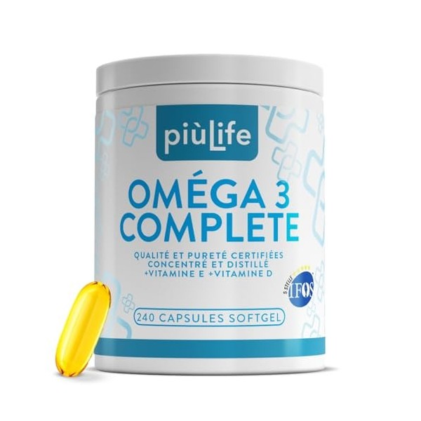 Omega 3 IFOS 5 étoiles Certifié Avec Vitamine D3 2000 UI Et E PiùLife, 480 Softgels, Huile De Poisson Omega 3 DHA EPA 2000 mg...