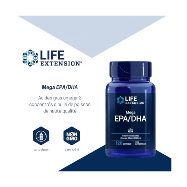 Life Extension - Mega EPA/DHA 120 Capsules Molles – Soutient la Santé Cardiaque, la Fonction Cognitive et la Vision, Huile de