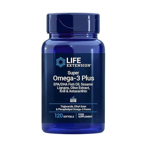Life Extension - Super Omega-3 Plus EPA/DHA 120 Gélules - Lignanes de Sésame, Extrait dOlive, Krill et Astaxanthine - Oméga-