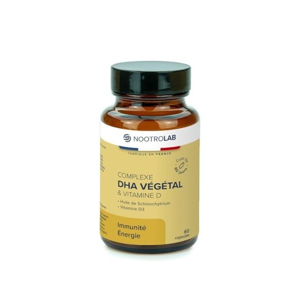 DHA Végétal & Vitamine D – Oméga 3 issu d’algue Schizochytrium – Soutien Cerveau, Vision & Immunité – 60 Capsules Végétales –