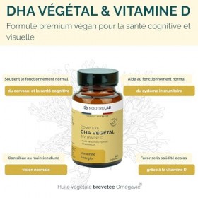 DHA Végétal & Vitamine D – Oméga 3 issu d’algue Schizochytrium – Soutien Cerveau, Vision & Immunité – 60 Capsules Végétales –